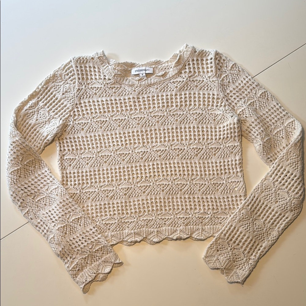 Cream Knit Crochet Cropped Sweater girls 10-12